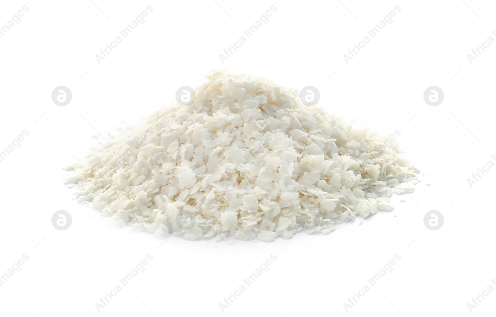 Photo of Raw rice flakes on white background. Healthy grains and cereals