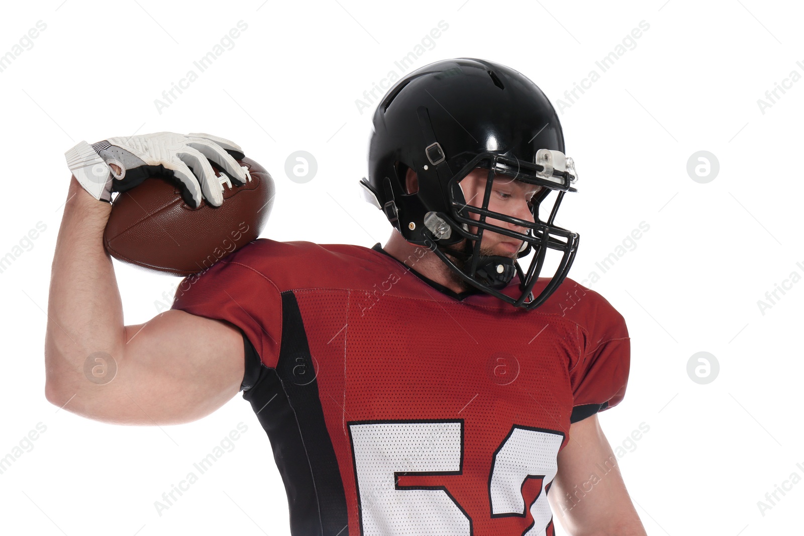 Photo of American football player with ball on white background