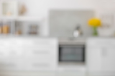 Photo of Blurred view of kitchen interior setting. Idea for home design