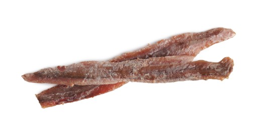 Delicious anchovy fillets on white background, top view