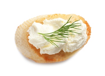 Piece of baguette with tasty cream cheese and dill on white background, top view