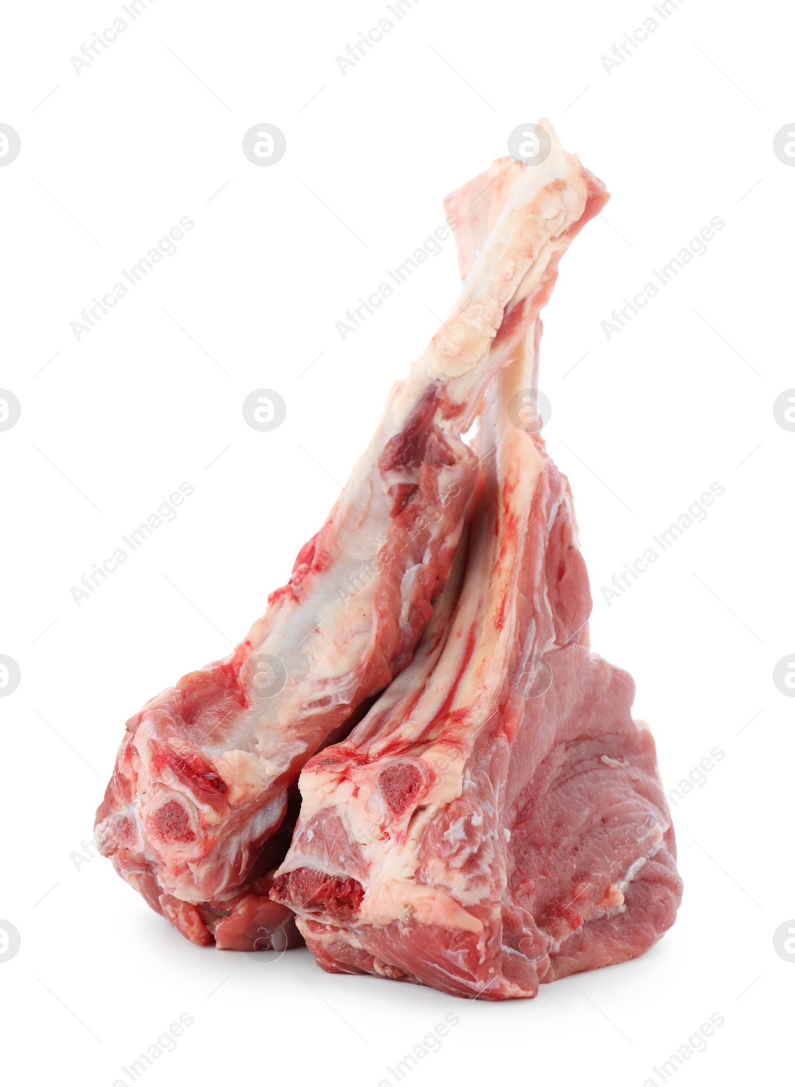 Photo of Pieces of raw beef meat isolated on white