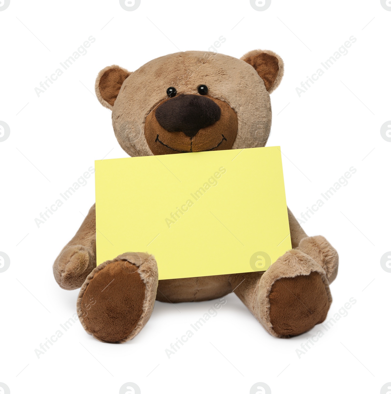 Photo of Cute teddy bear with blank card isolated on white, space for text