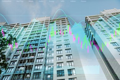 Image of Double exposure of online trading platform and buildings in city center. Stock exchange
