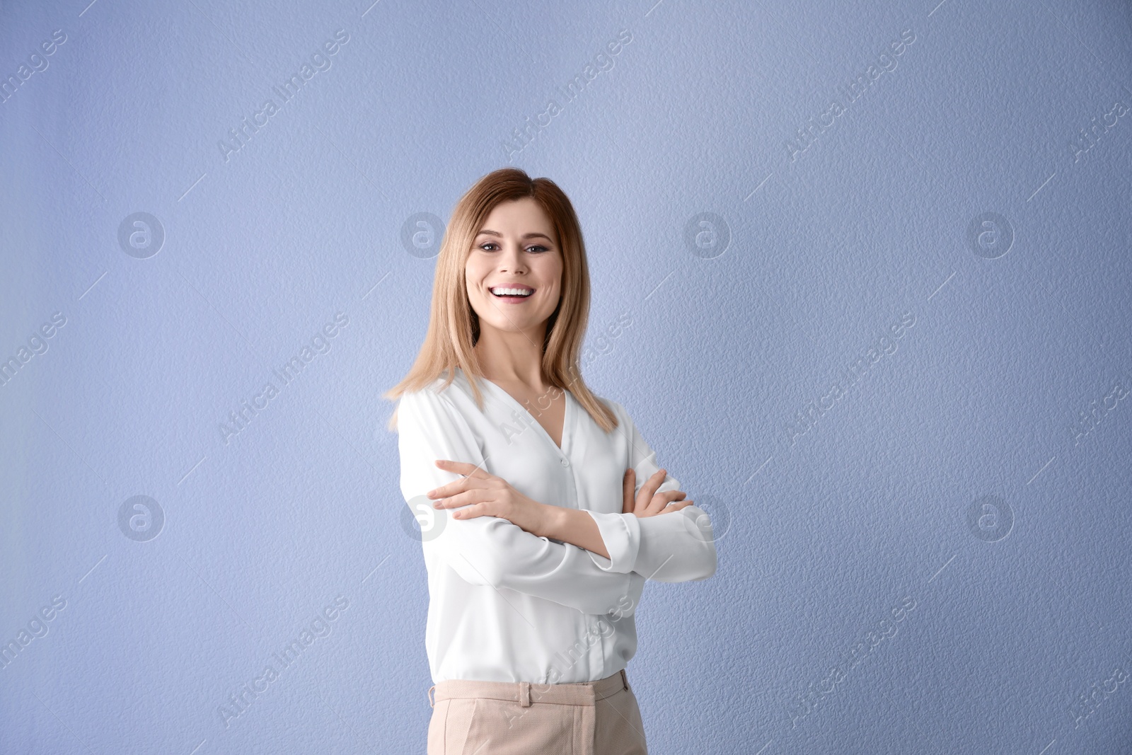 Photo of Female business trainer on color background