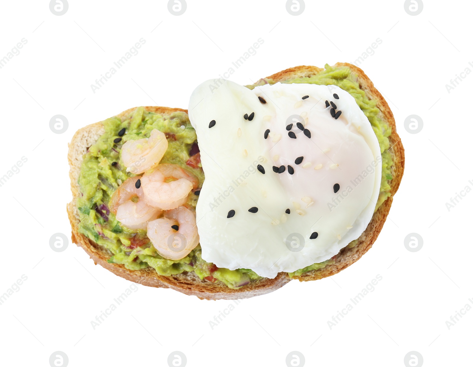 Delicious sandwich with guacamole, shrimps and fried egg isolated on white, top view Photo of Delicious sandwich with guacamole, shrimps and fried egg isolated on white, top view