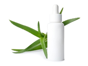 Photo of Bottle with aloe vera extract and fresh leaves on white background