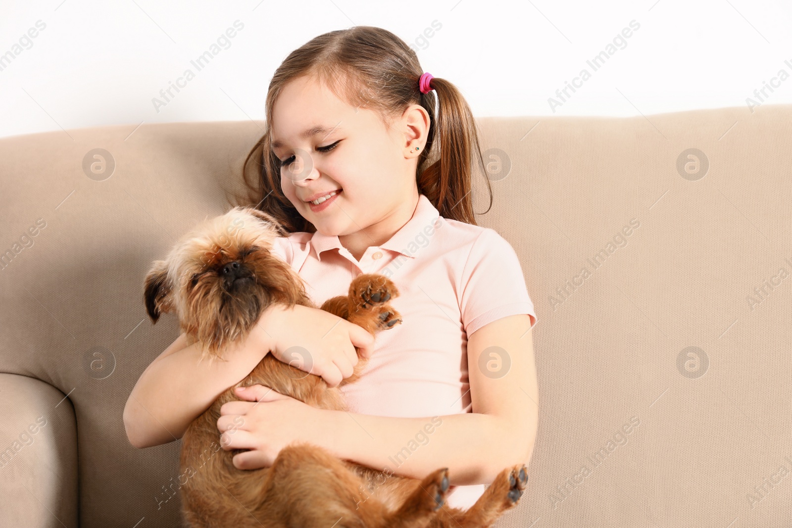 Photo of Portrait of cute girl with funny Brussels Griffon dog at home. Loyal friends