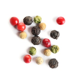 Photo of Mixed peppercorns isolated on white, top view