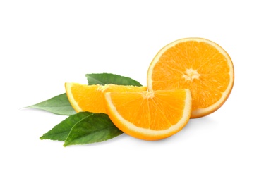 Photo of Cut fresh ripe orange with green leaves on white background