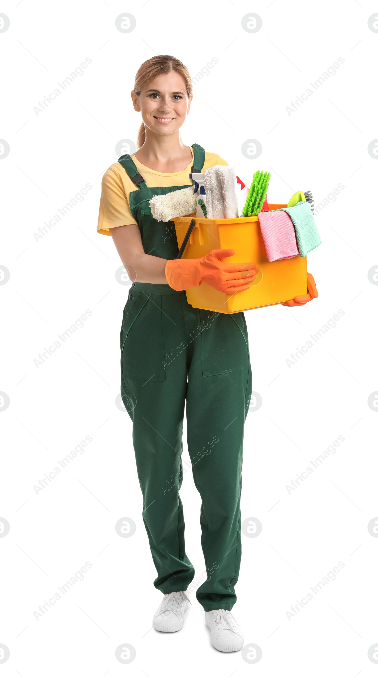 Photo of Female janitor with cleaning supplies on white background