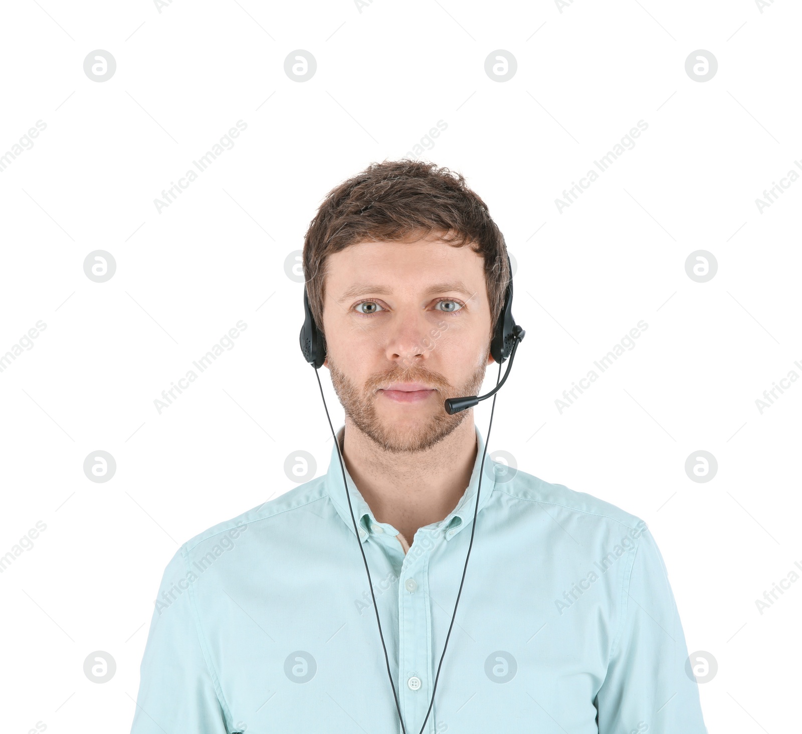 Photo of Male technical support operator with headset isolated on white