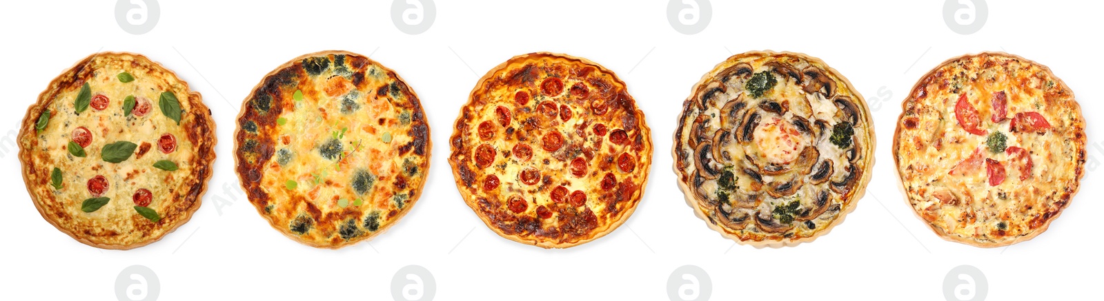 Image of Different tasty quiches isolated on white, set. Top view