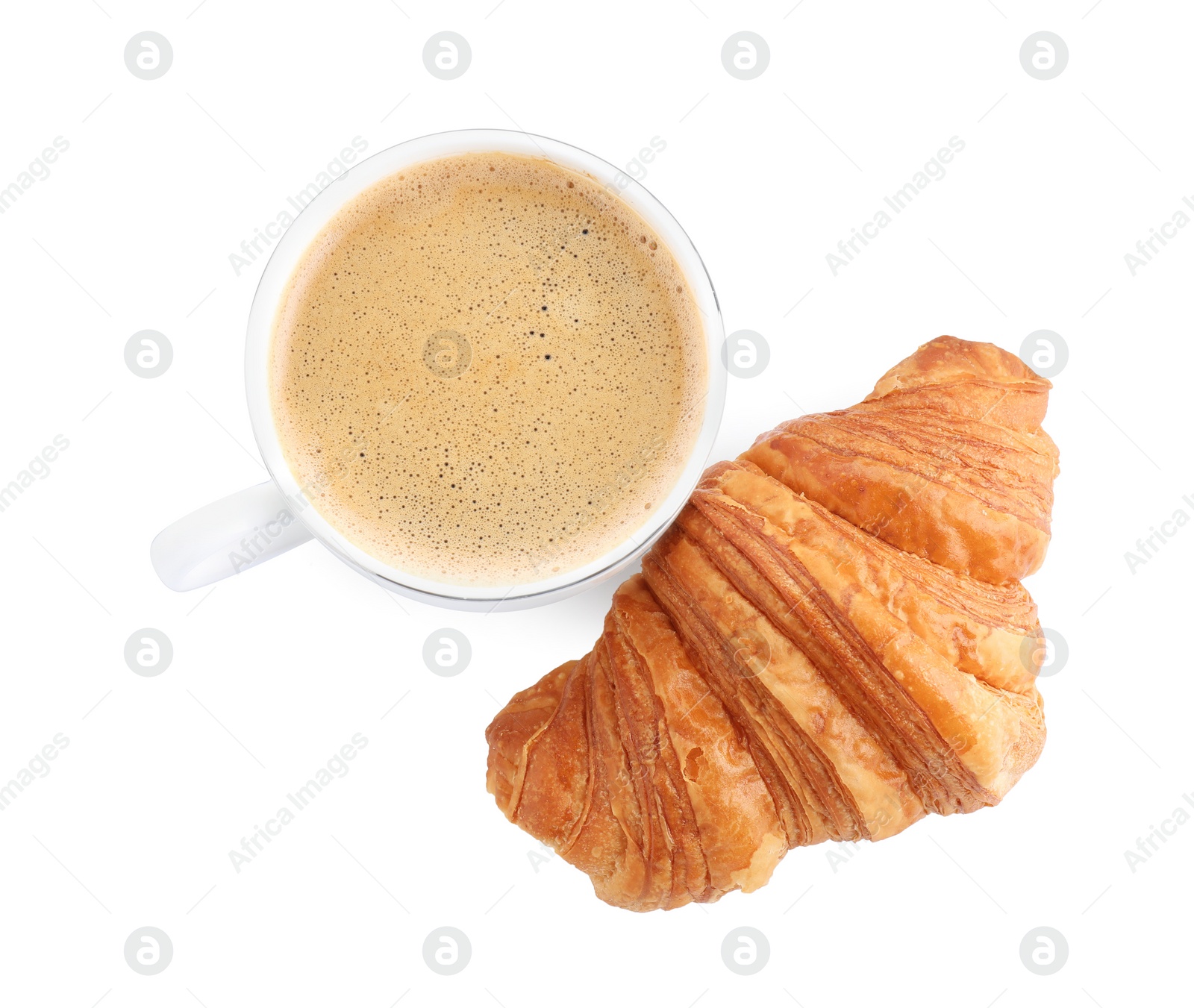 Photo of Fresh croissant and coffee isolated on white, top view. Tasty breakfast