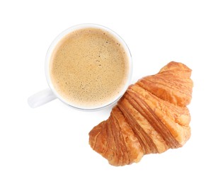 Photo of Fresh croissant and coffee isolated on white, top view. Tasty breakfast