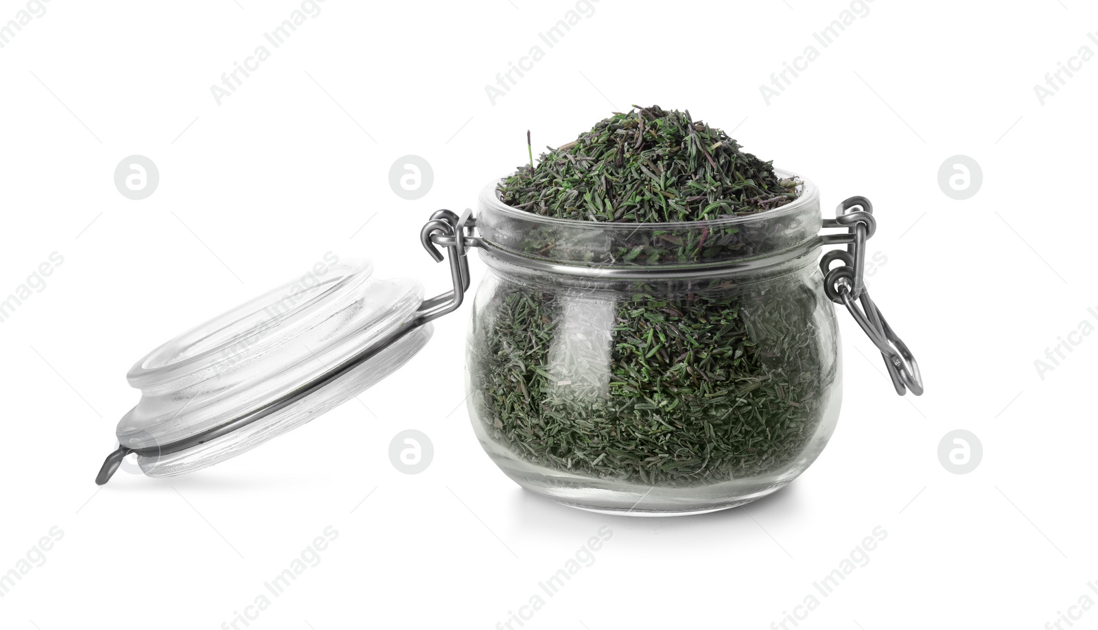 Photo of Jar of dried thyme isolated on white