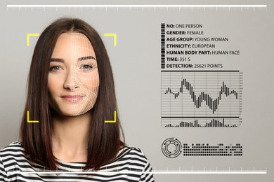 Image of Facial recognition system. Woman with scanner frame, digital biometric grid and personal data on grey background