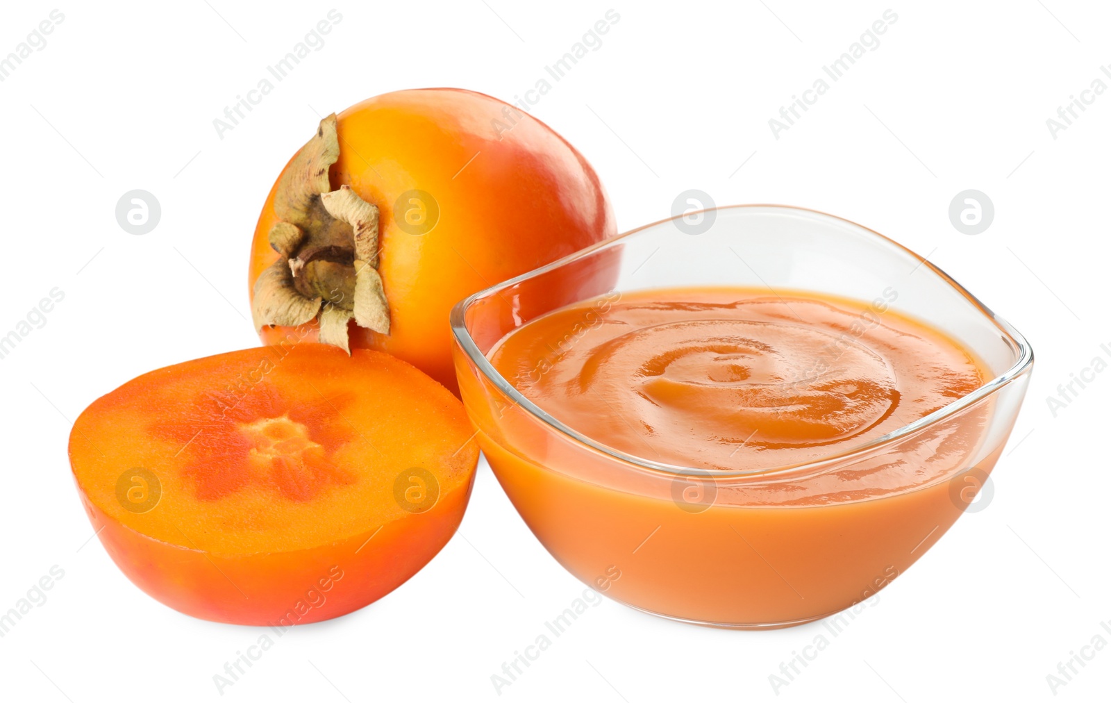 Photo of Delicious persimmon jam and fresh fruits isolated on white