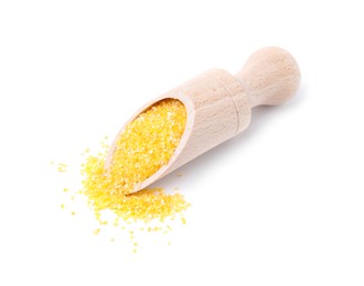 Photo of Scoop with raw cornmeal isolated on white