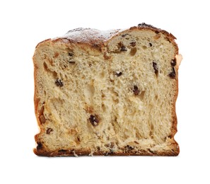 Photo of Half of delicious Panettone cake with powdered sugar on white background. Traditional Italian pastry