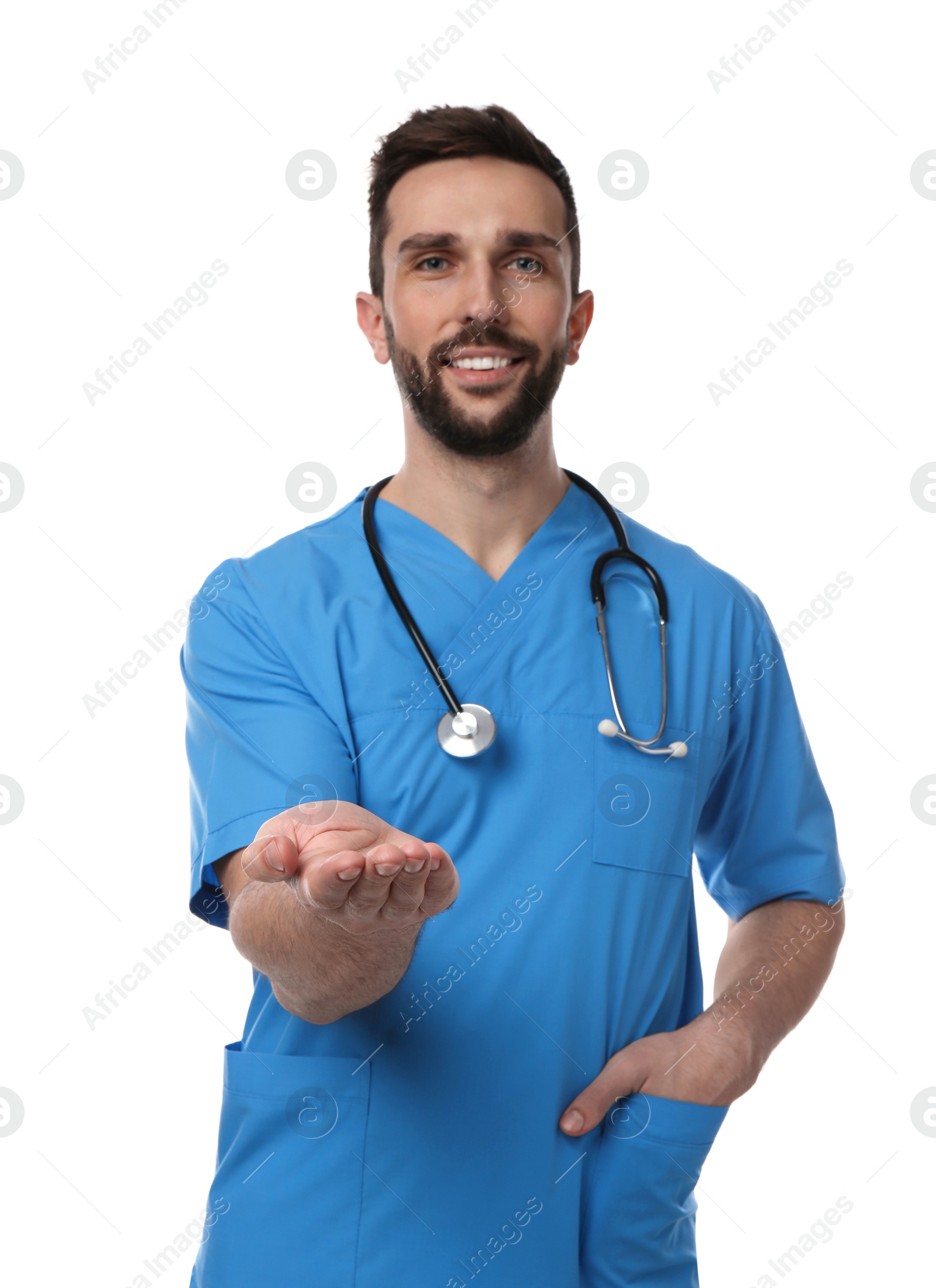 Photo of Doctor with stethoscope holding something on white background. Cardiology concept