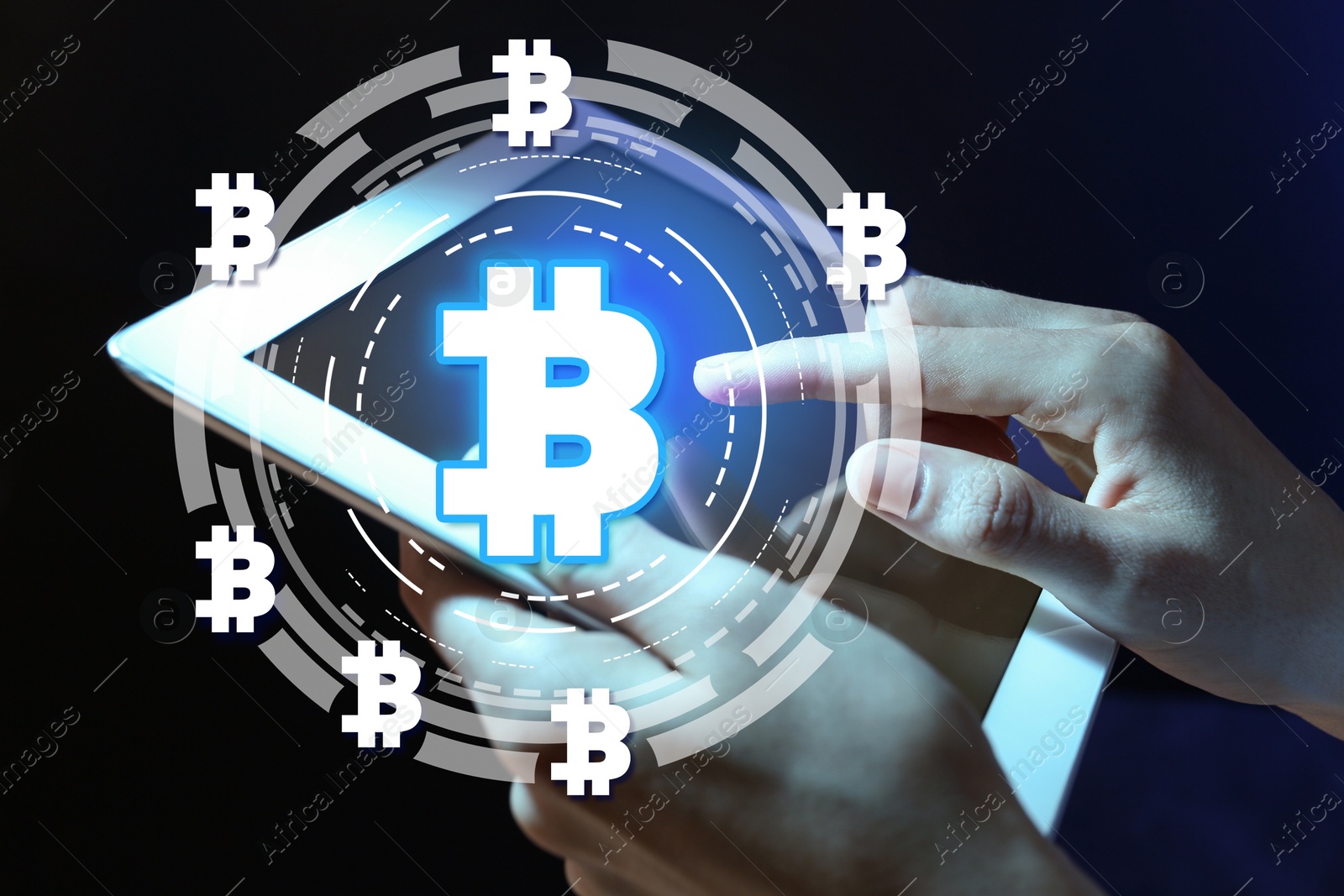 Image of Fintech concept. Scheme with bitcoin symbols and woman using tablet