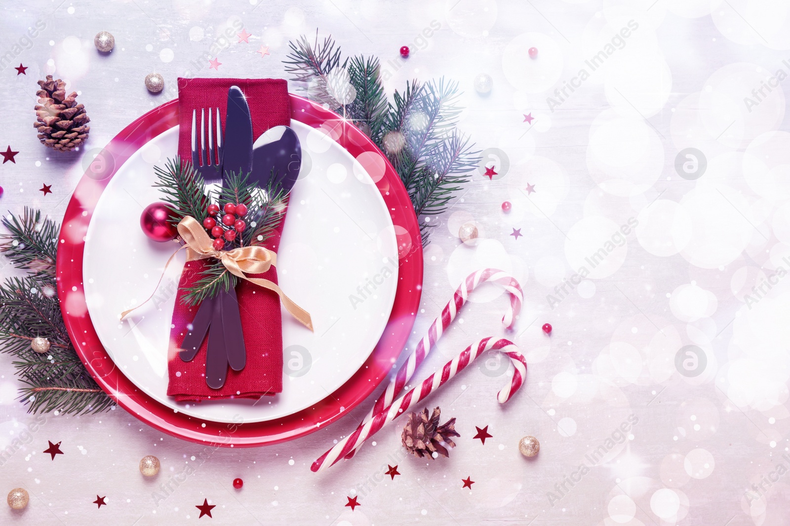 Image of Christmas table setting on white background, flat lay