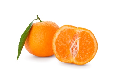Photo of Fresh ripe tangerines on white background. Citrus fruit