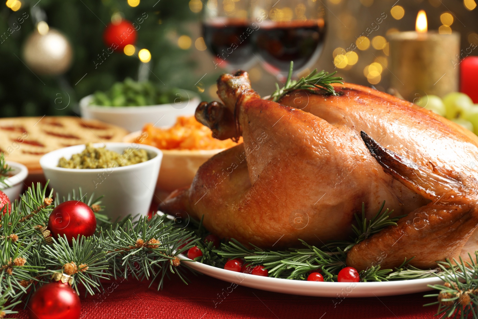 Photo of Delicious roasted turkey served on festive table