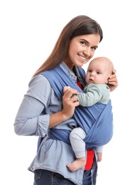Photo of Mother holding her child in sling (baby carrier) on white background