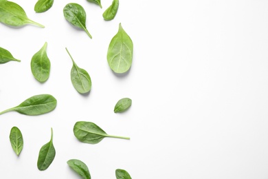 Fresh green healthy spinach leaves on white background, top view