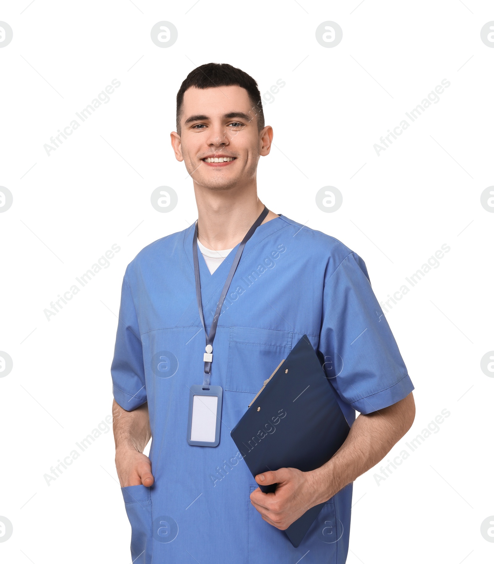 Photo of Portrait of smiling medical assistant with clipboard on white background