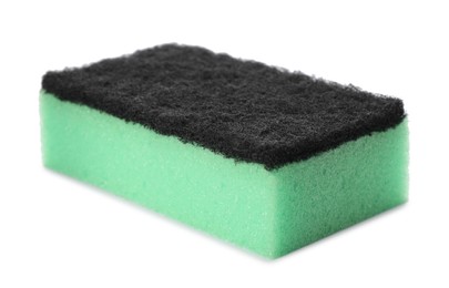 Photo of Green cleaning sponge with abrasive black scourer isolated on white