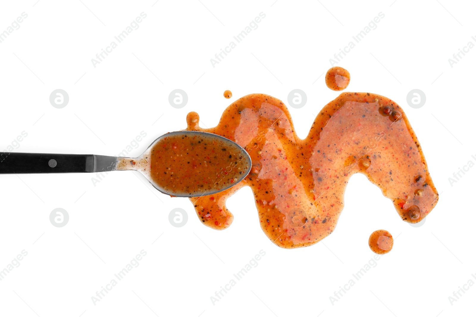 Photo of Spoon with fresh marinade isolated on white, top view