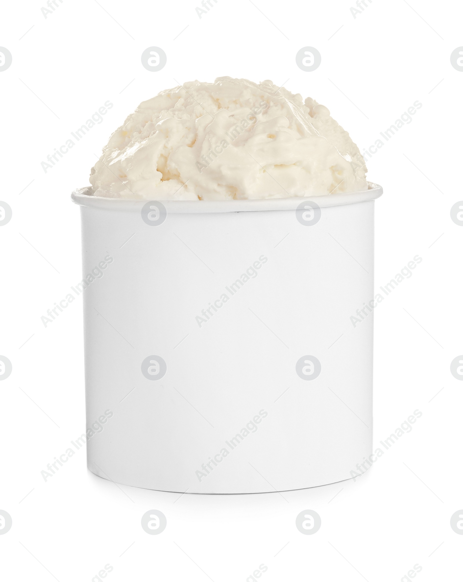 Photo of Delicious ice cream in paper cup isolated on white