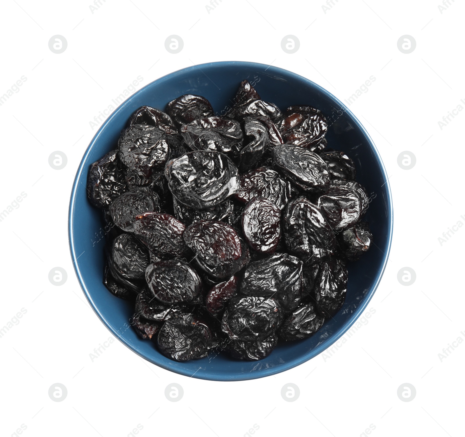 Photo of Bowl of tasty prunes on white background, top view. Dried fruit as healthy snack