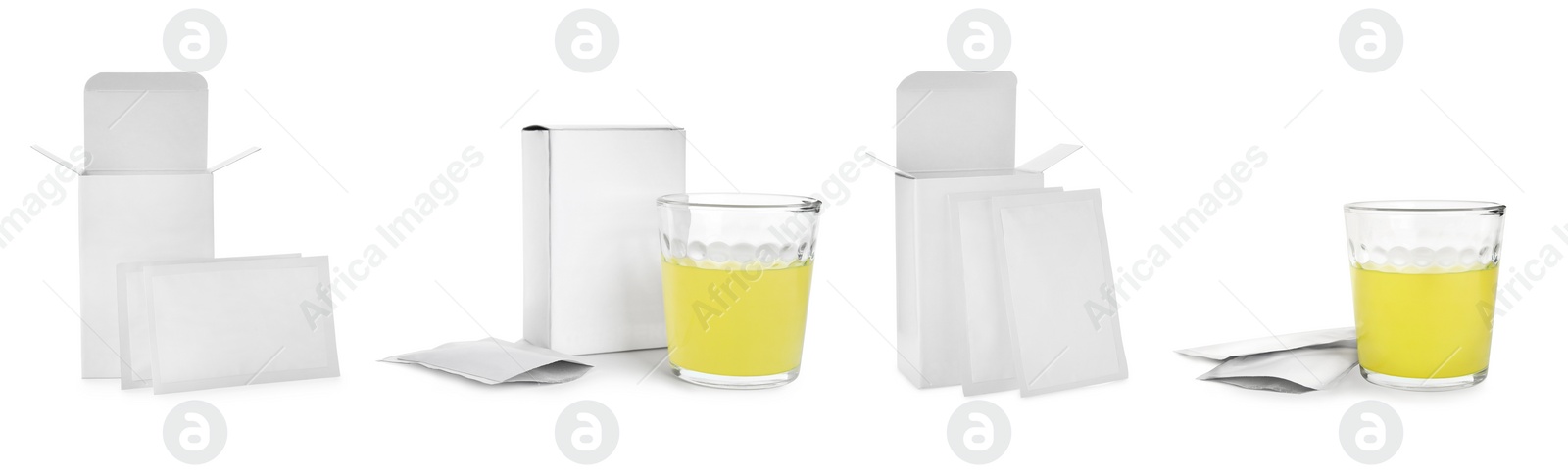 Image of Set with sachets of medicine on white background. Banner design