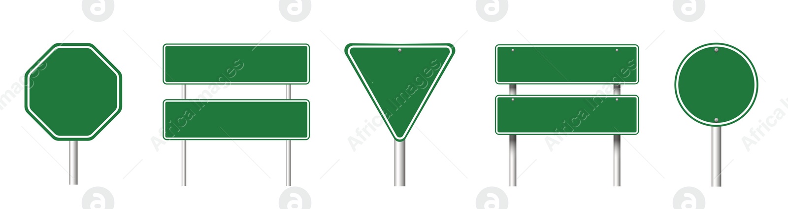 Image of Different green blank road signs on white background, collage design