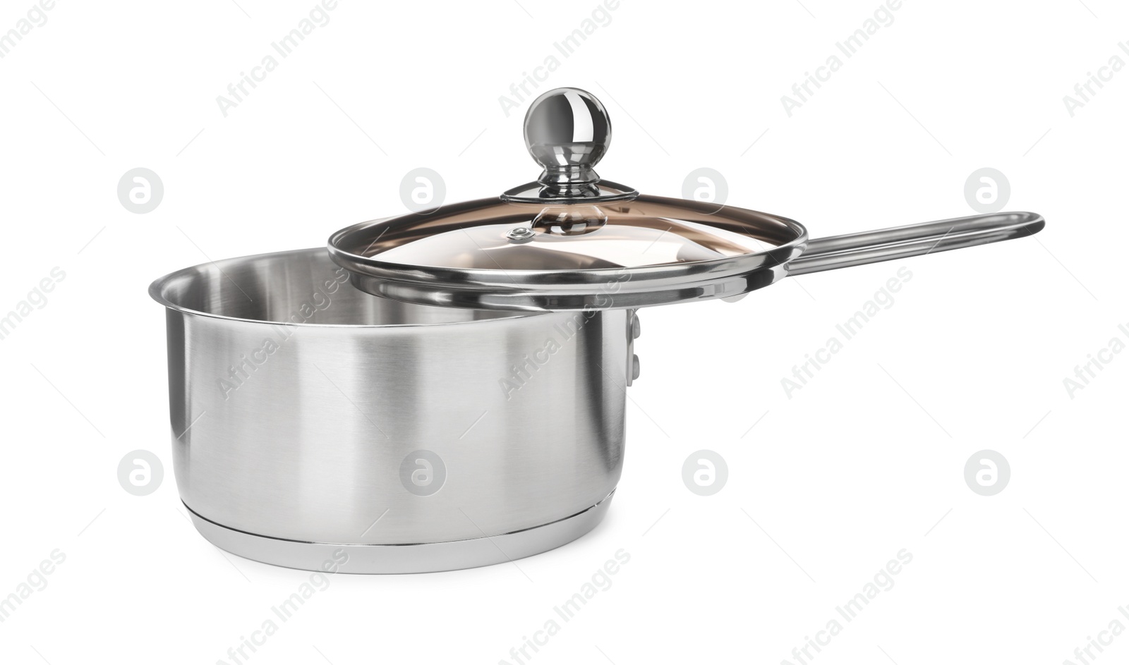 Photo of New shiny saucepan with glass lid isolated on white