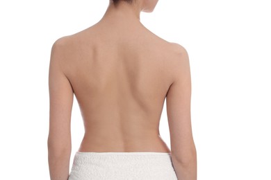 Photo of Back view of woman with perfect smooth skin on white background, closeup