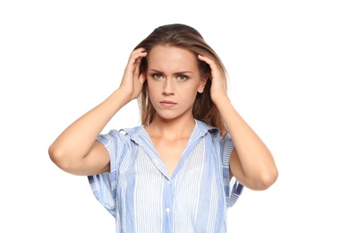 Portrait of emotional woman on white background