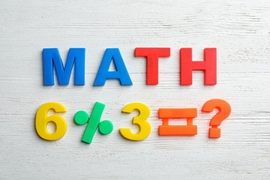 Photo of Word MATH and equation of magnetic letters on wooden background, top view