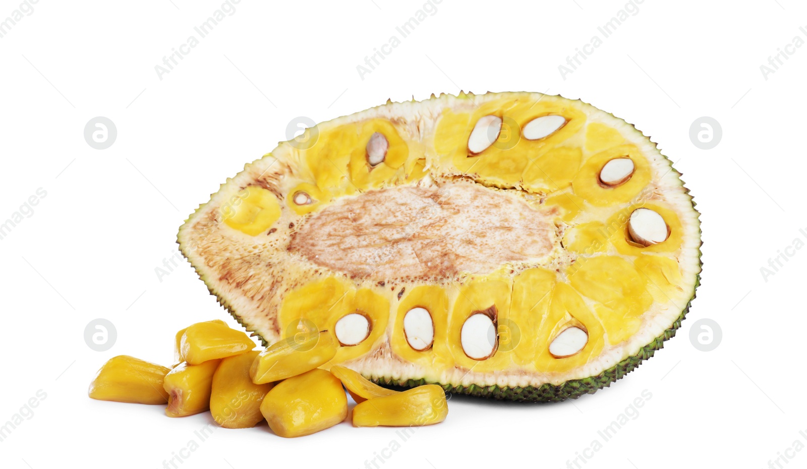 Photo of Delicious cut fresh exotic jackfruit and bulbs on white background