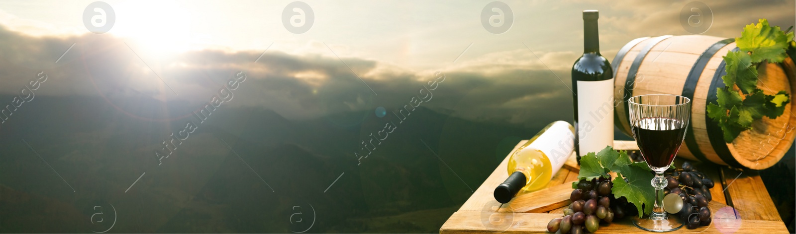 Image of Tasty wine and grapes on wooden table against beautiful mountain landscape, space for text. Banner design