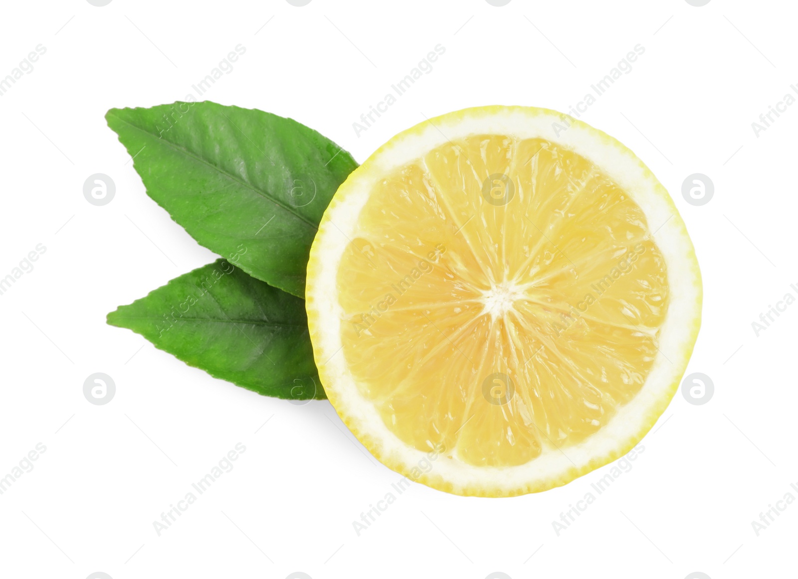 Photo of Cut ripe lemon with green leaves isolated on white, top view