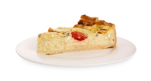 Photo of Piece of delicious homemade cheese quiche isolated on white