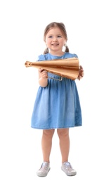 Photo of Adorable little girl with vintage megaphone on white background