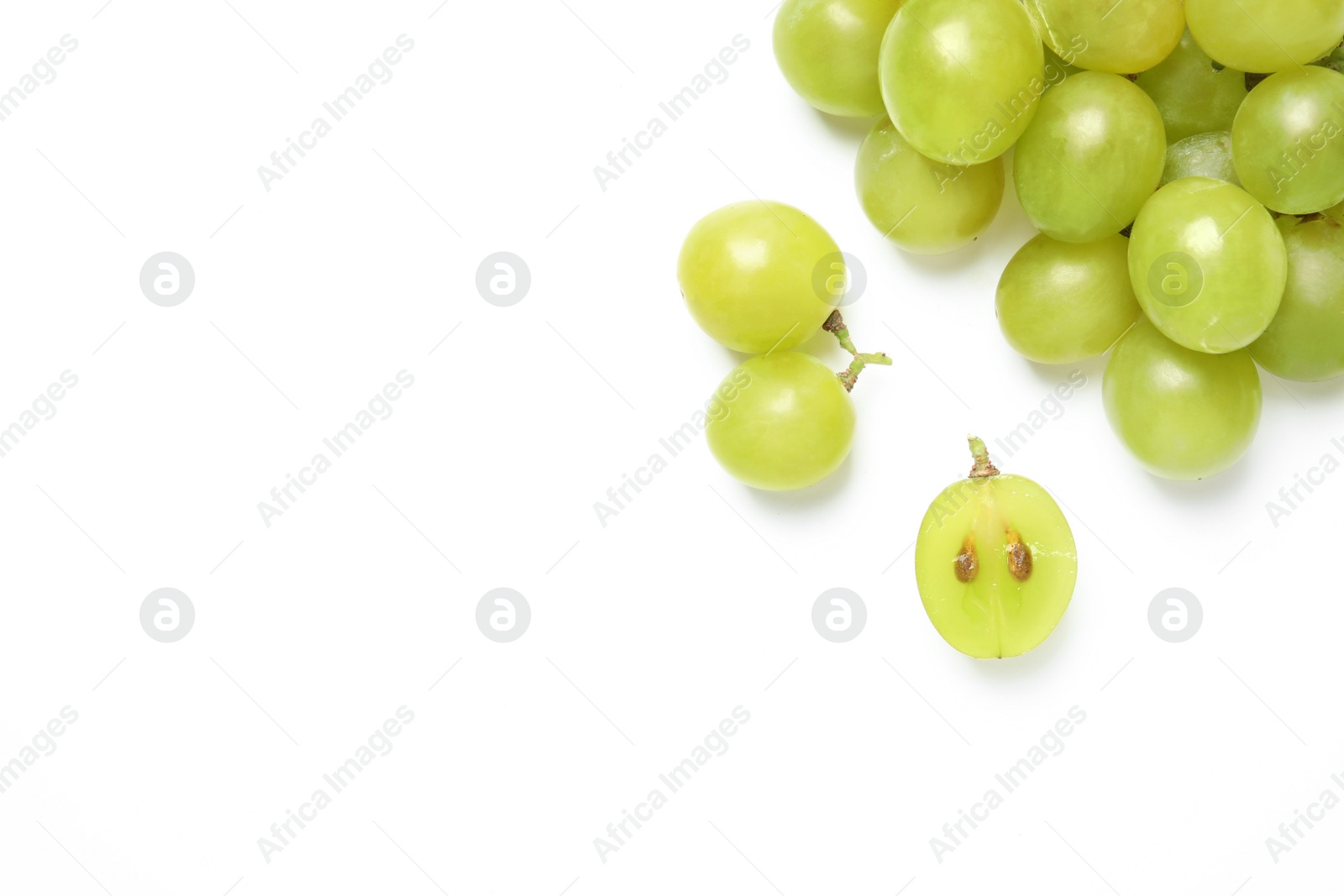 Photo of Fresh ripe green grapes on white background, top view