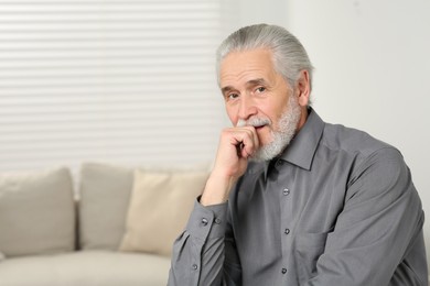 Portrait of handsome senior man at home. Space for text