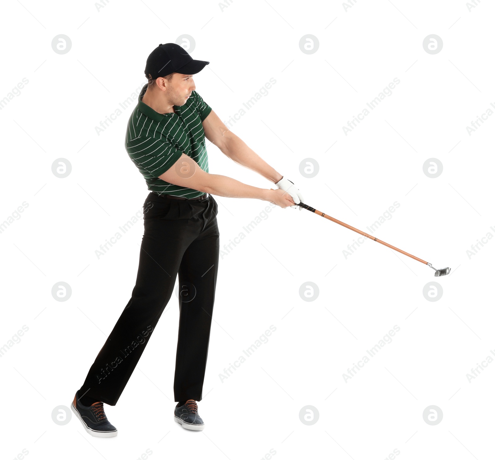 Photo of Young man playing golf on white background